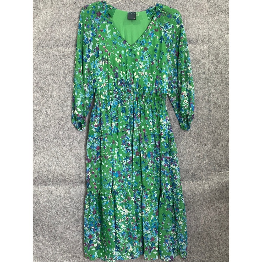 Gabby Skye Green Floral Midi Dress Smocked Waist‎ 3/4 Sleeve Size 6